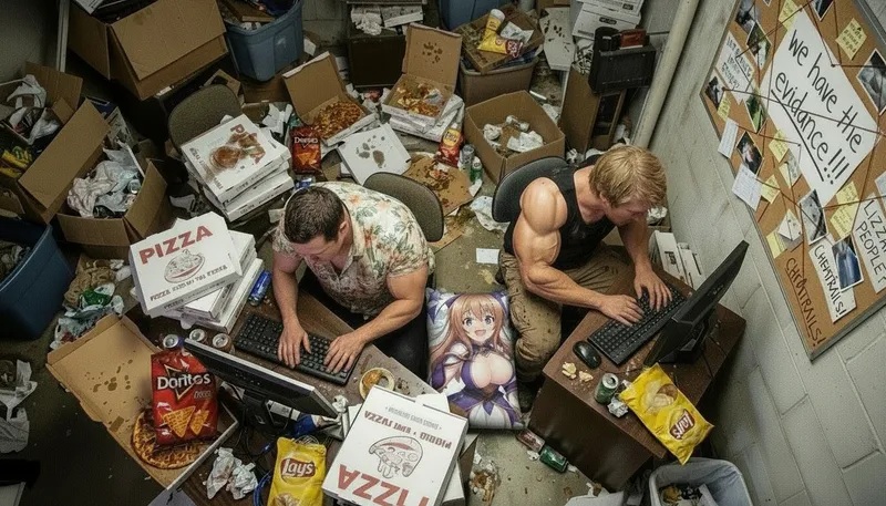 Two fictional internet investigators working at computers in a cluttered basement